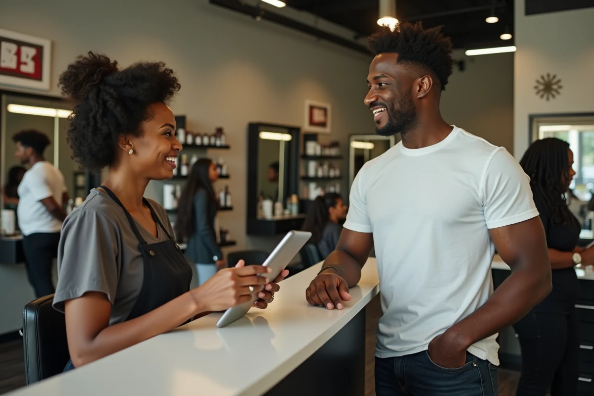 Homme aux cheveux afro demandant une disponibilité sans rendez-vous à l'accueil d'un salon de coiffure afro urbain