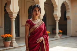Actrice de Bollywood en saree rouge doré dans un palais indien, portrait élégant et réaliste