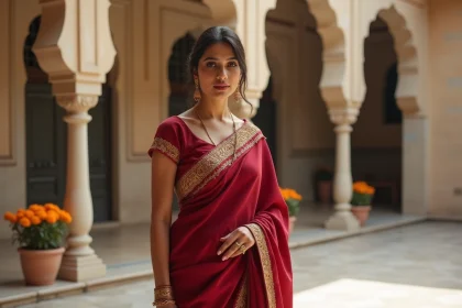 Actrice de Bollywood en saree rouge doré dans un palais indien, portrait élégant et réaliste