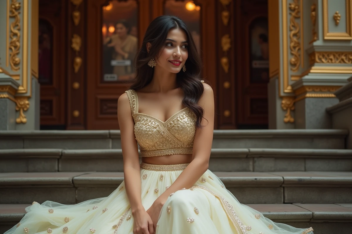 Belle actrice indienne en tenue traditionnelle devant un théâtre de Bollywood à Mumbai