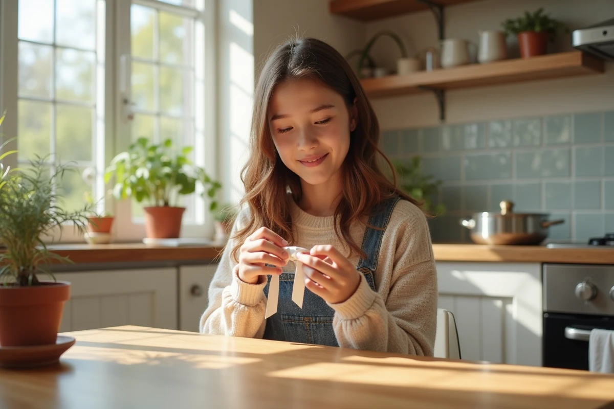 Adolescente dénouant un kardoune dans une cuisine lumineuse
