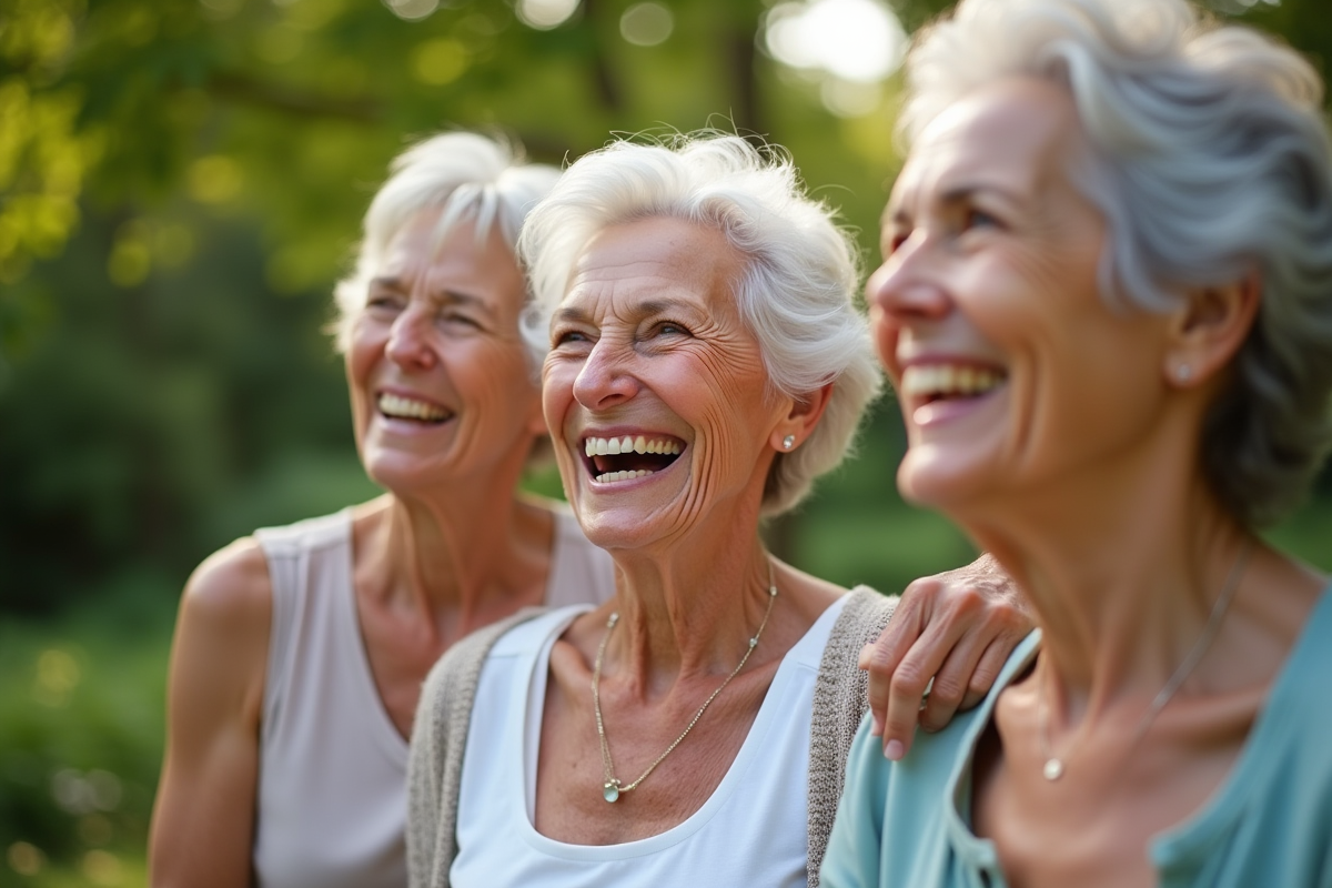 Trois femmes de 50 ans riant ensemble en plein air