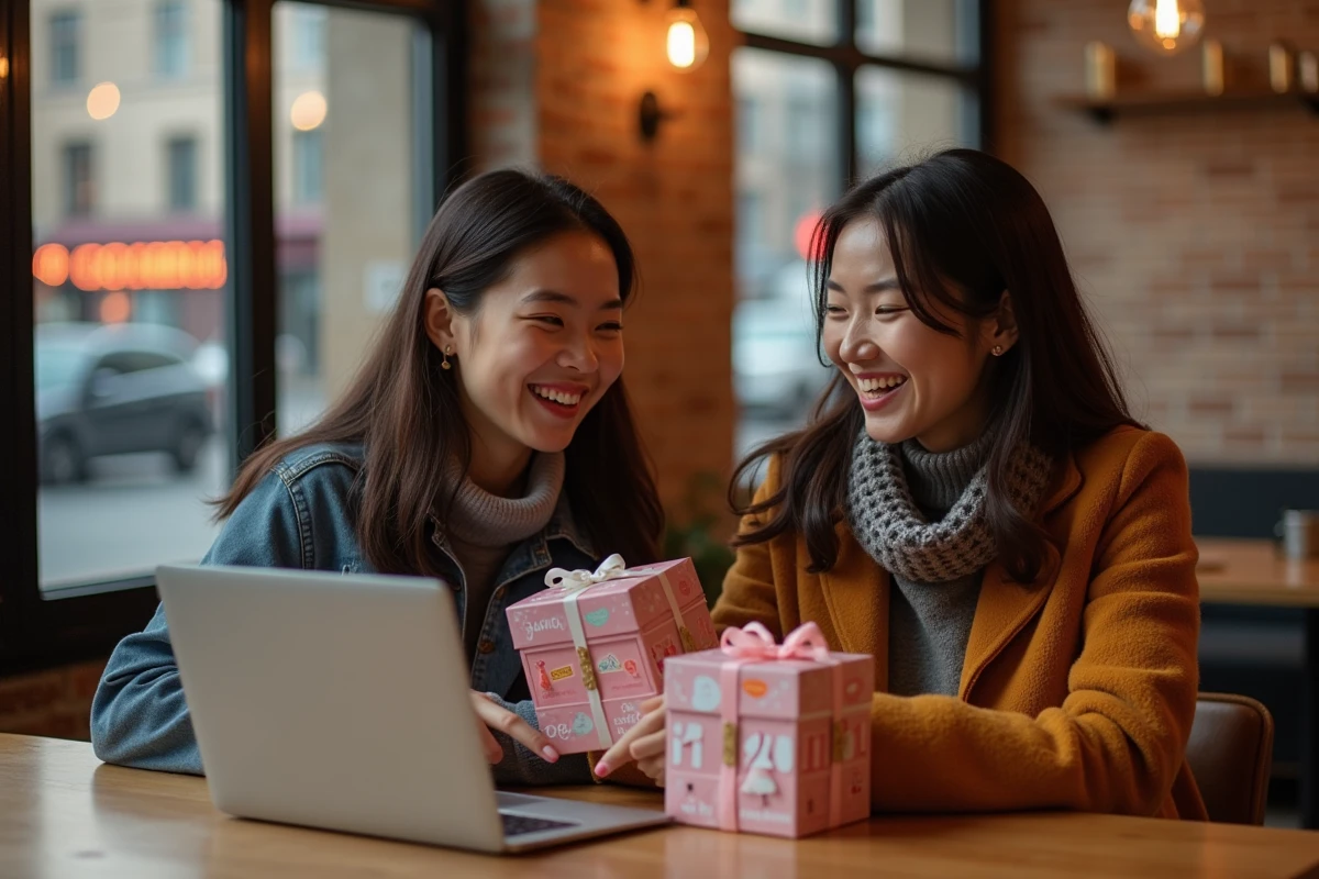 Deux amies comparant des produits d'un calendrier de l'Avent YesStyle dans un café urbain devant un ordinateur portable