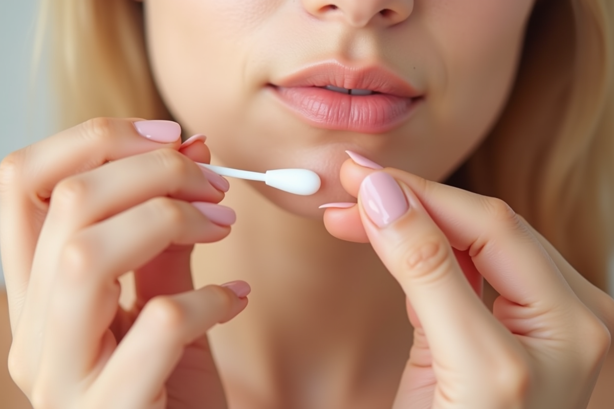Mains appliquant une creme sur une rougeur faciale