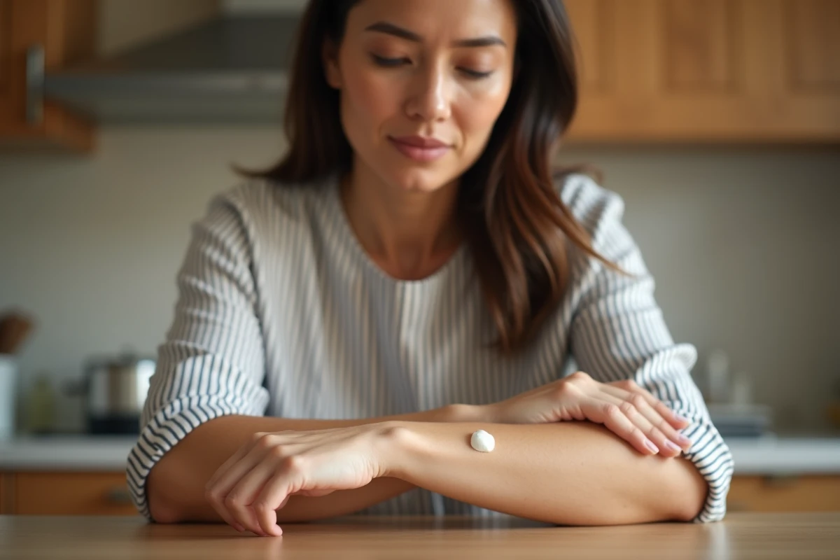 Femme appliquant une crème dermatologique sur l'avant-bras et observant attentivement la réaction cutanée à domicile