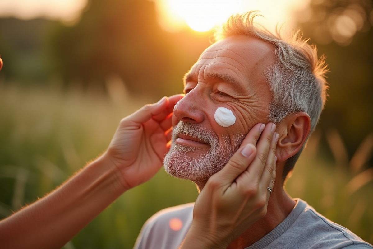 Main appliquant une creme visage au lever du soleil