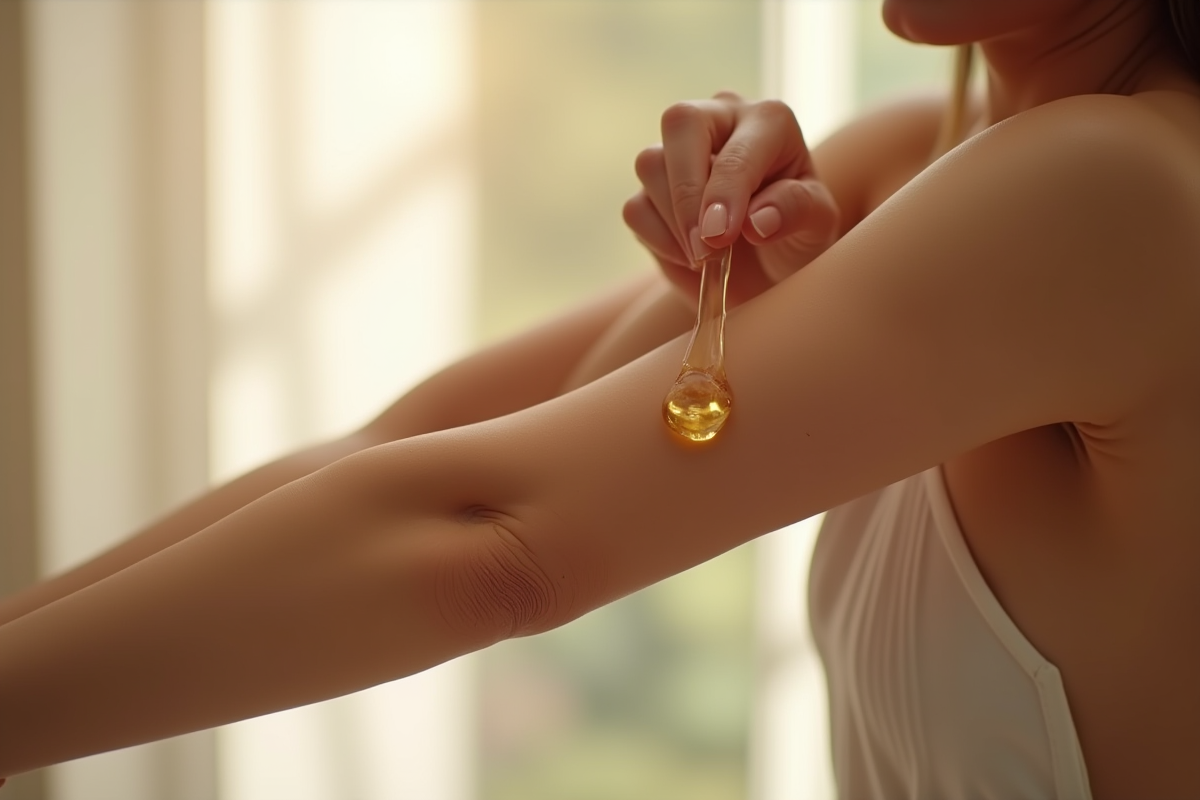 Mains d'une femme appliquant une huile dorée sur son bras