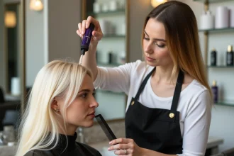 Coiffeuse professionnelle appliquant une patine violette sur des cheveux blonds décolorés dans un salon moderne