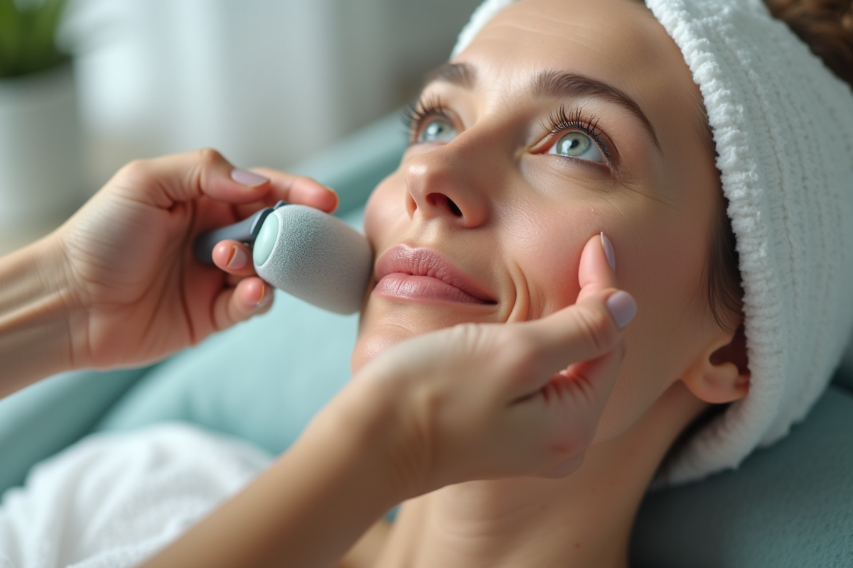 Mains appliquant un rouleau facial sur une femme mature