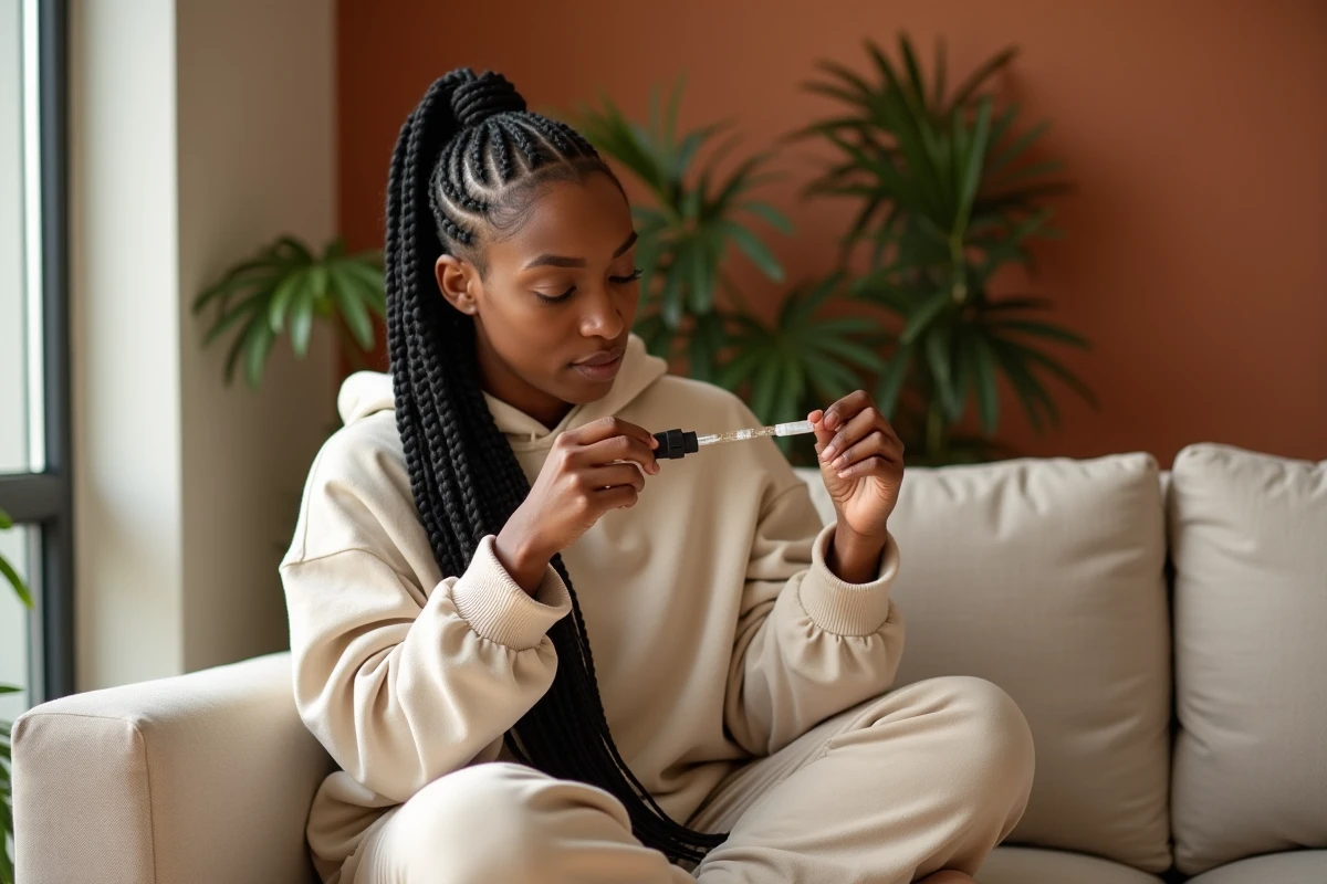 Femme avec des tresses africaines collées appliquant une huile nourrissante sur le cuir chevelu pour prévenir la casse après la pose