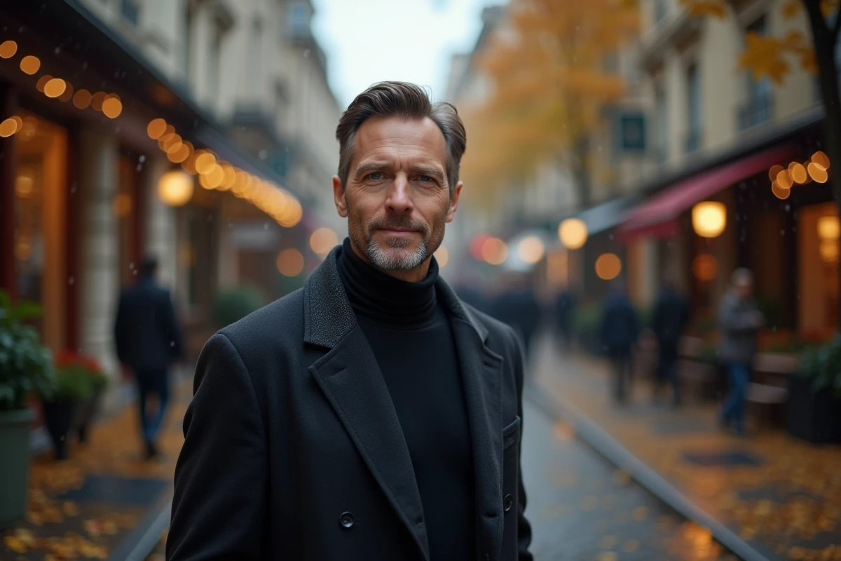 Homme en manteau noir dans une rue pavée d'automne évoquant l'élégance d'Armani Code Profumo pour les saisons froides
