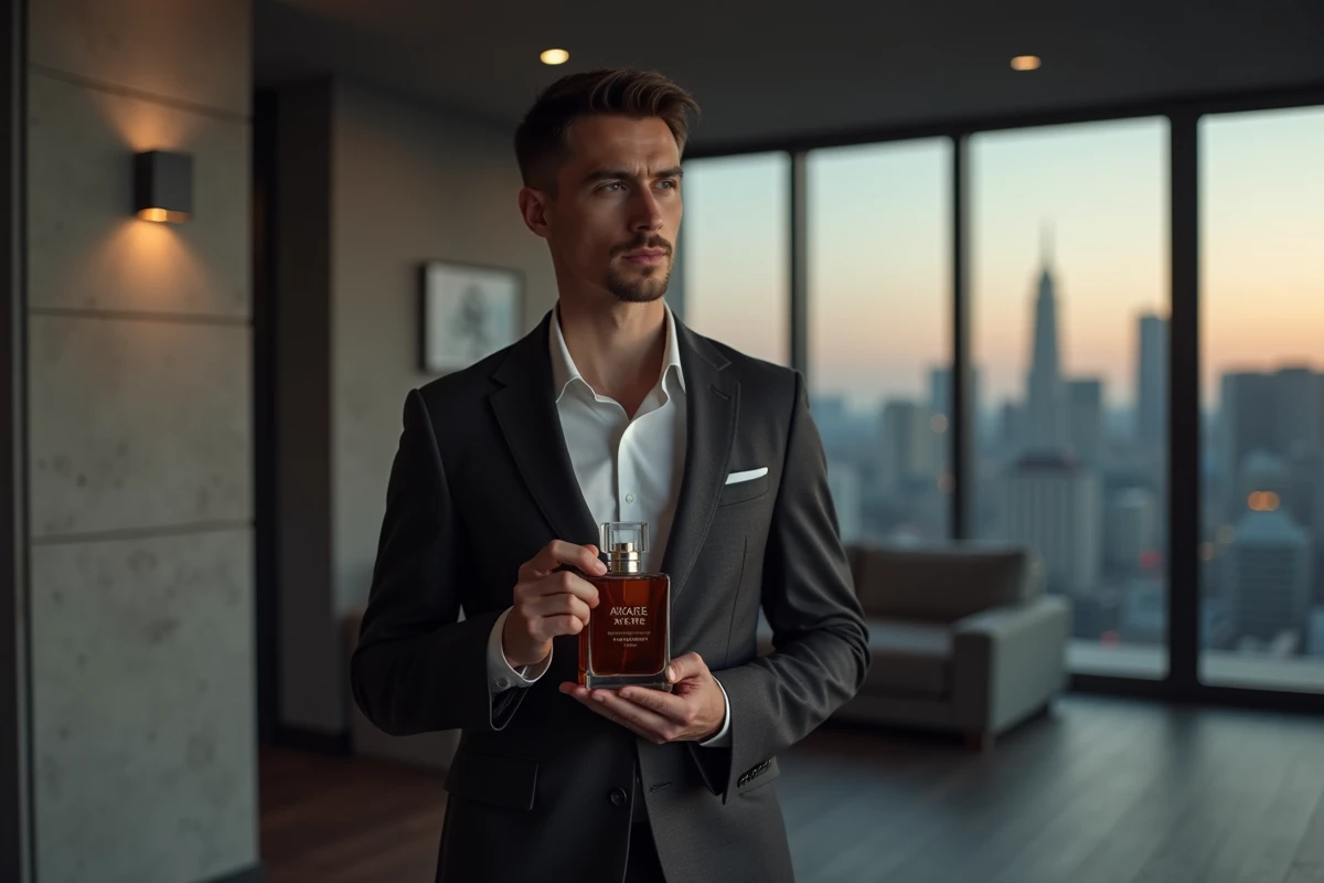 Homme élégant en costume sombre tenant un flacon de parfum Armani Code Profumo dans un appartement moderne au coucher du soleil