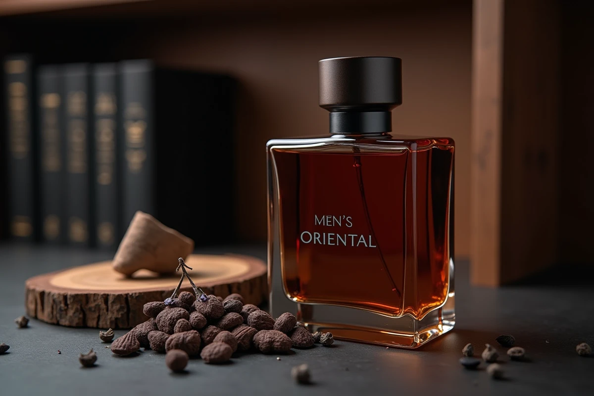 Nature morte élégante d'un flacon de parfum masculin oriental entouré d'ingrédients bruts comme le cacao et la lavande sur acier brossé