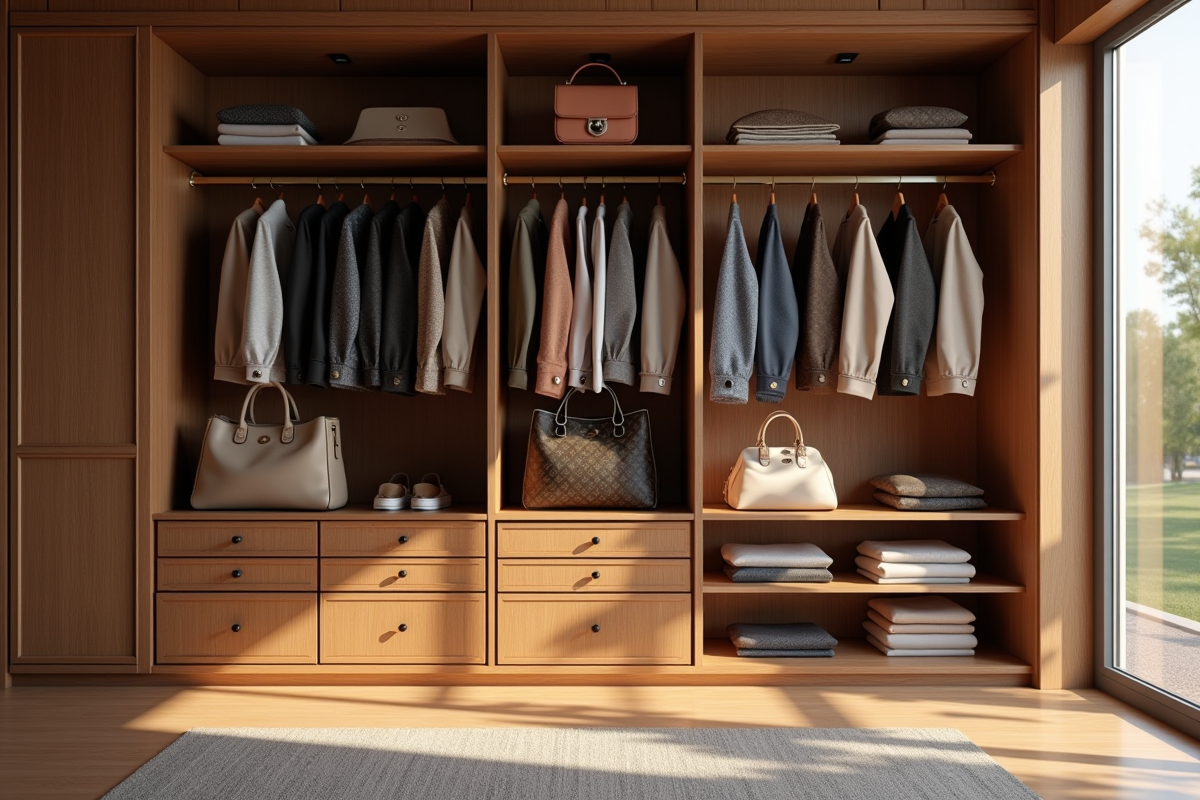 Armoire organisée avec vêtements et accessoires Louis Vuitton