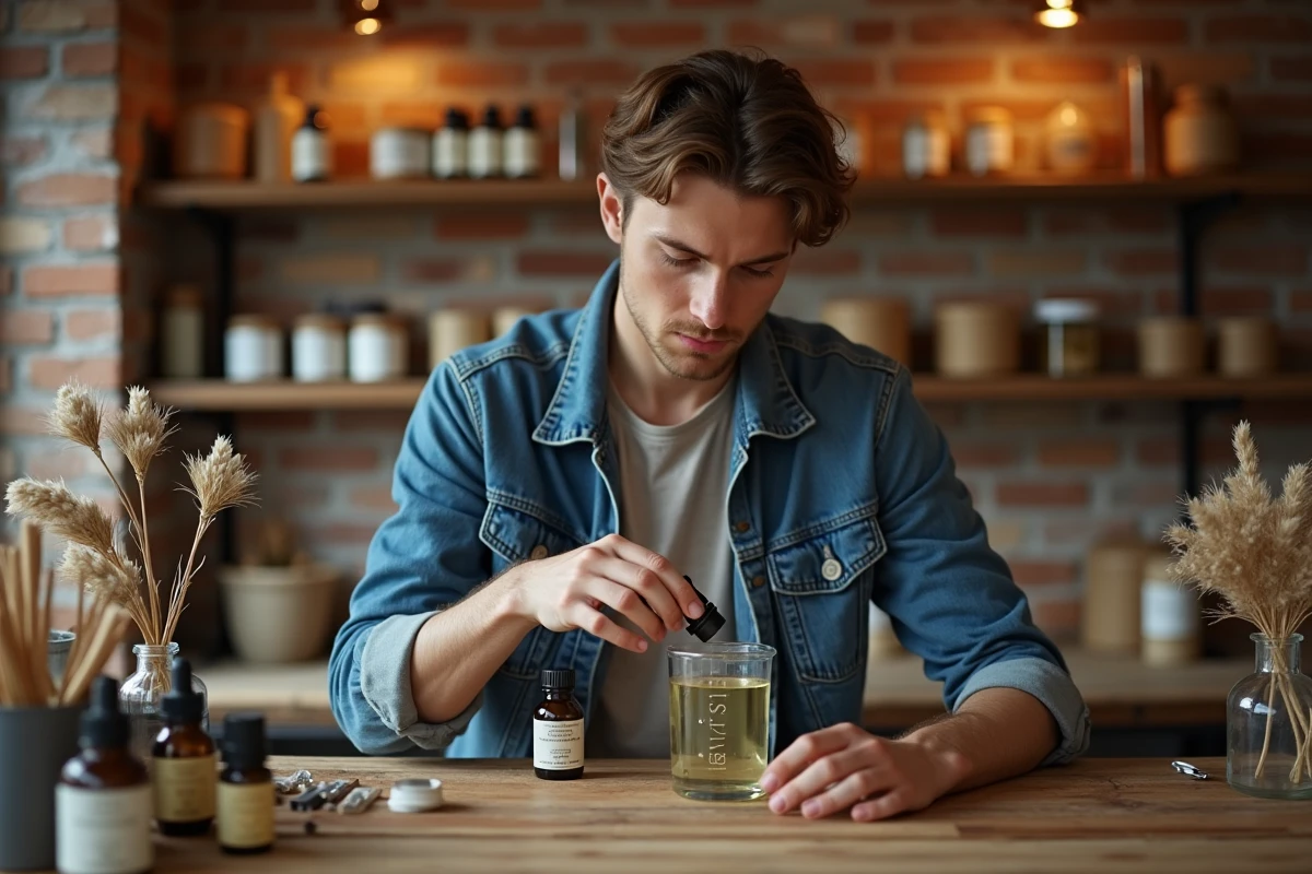 Artisan jeune m&eacute;langeant des huiles essentielles dans un atelier cosy