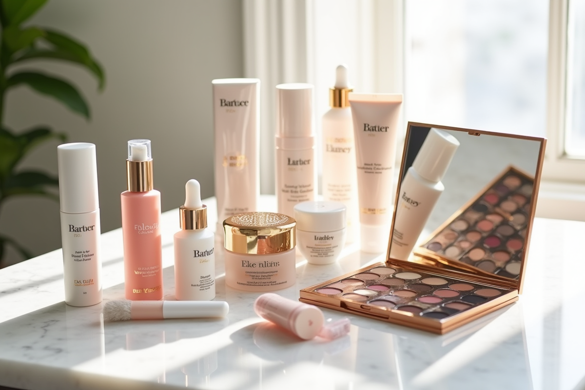Assortiment de produits de beauté haut de gamme sur marbre