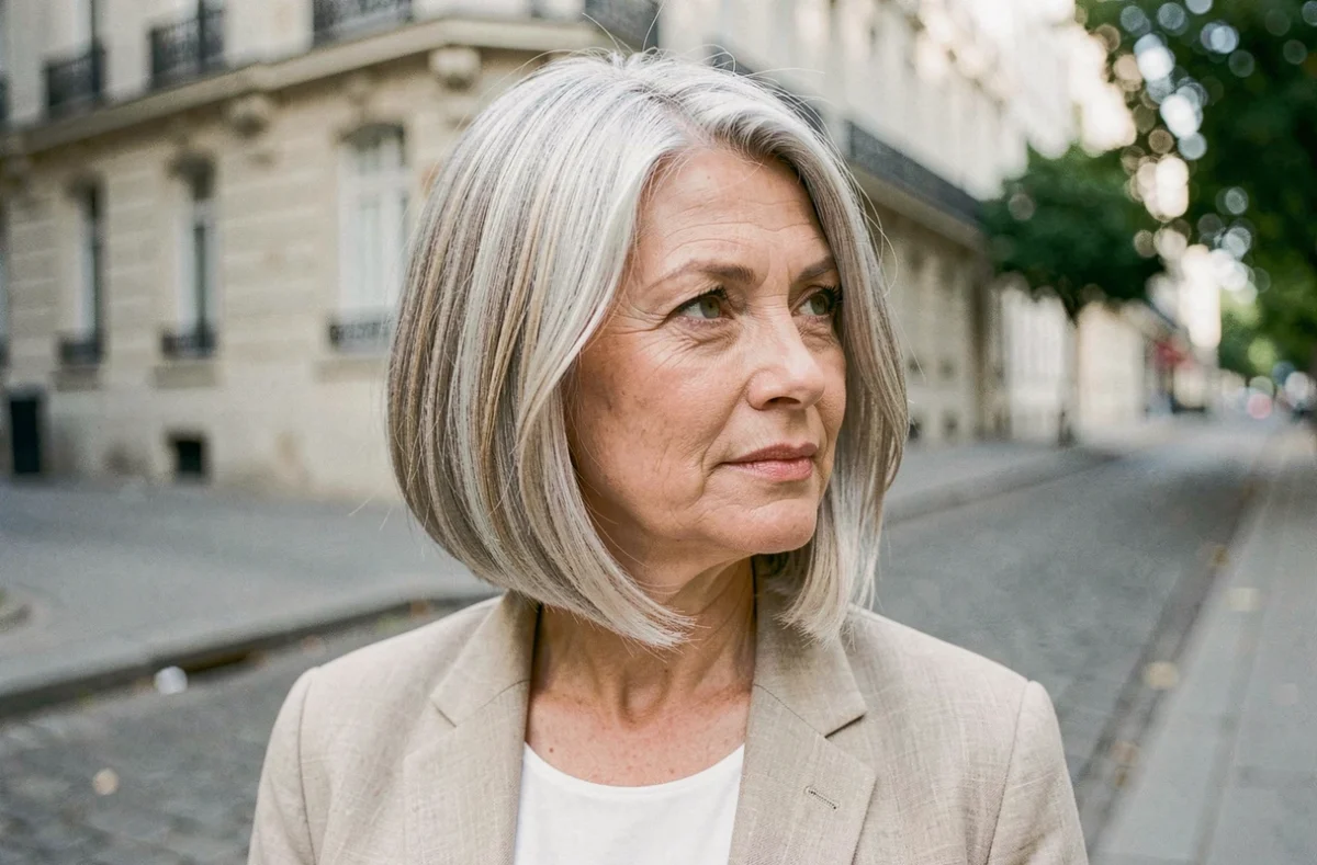 Femme senior aux cheveux gris courts avec des babylights discrets à l'extérieur dans une rue parisienne