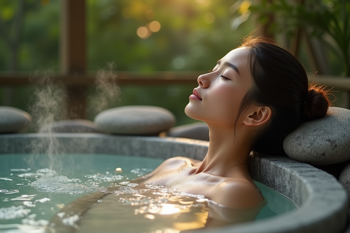 Bain extérieur entouré de pierres et de verdure avec personne détendue