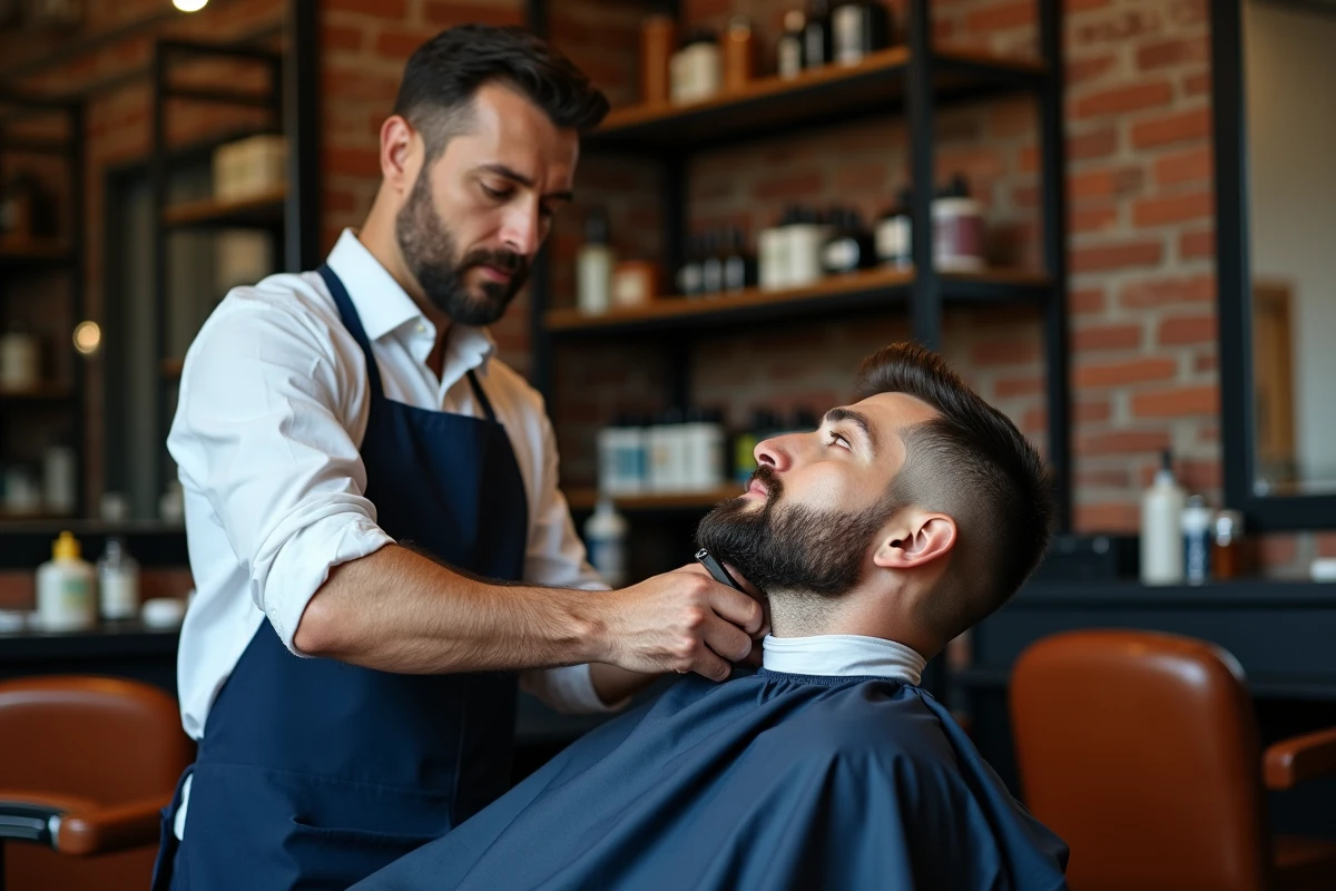 Barbier en tablier marine rasant le cou d'un client avec un rasoir de sûreté et une lame Treet dans un salon de barbier moderne au style vintage