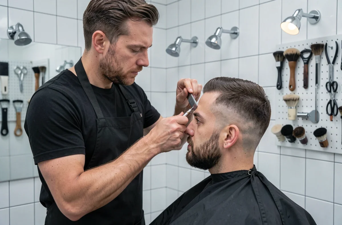 Barbier utilisant un rasoir droit pour définir les contours de barbe d'un client coupe taper fade dans un salon moderne et minimaliste