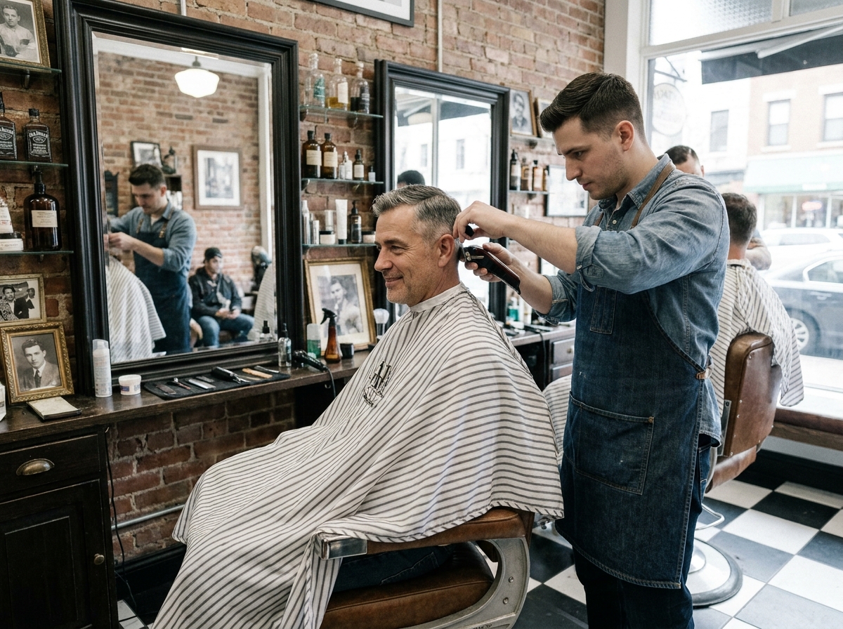 Barbier de quartier en train de couper les cheveux d'un client dans un salon authentique au décor vintage
