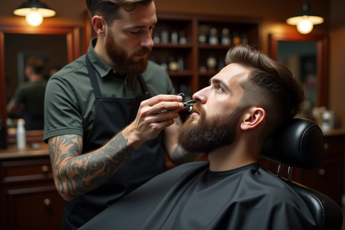 Barbier professionnel en train de tailler et sculpter un bouc de longueur moyenne sur un client en salon