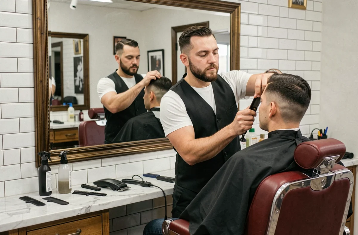 Barbier réalisant une coupe taper fade sur un client dans un fauteuil de barbier classique rouge