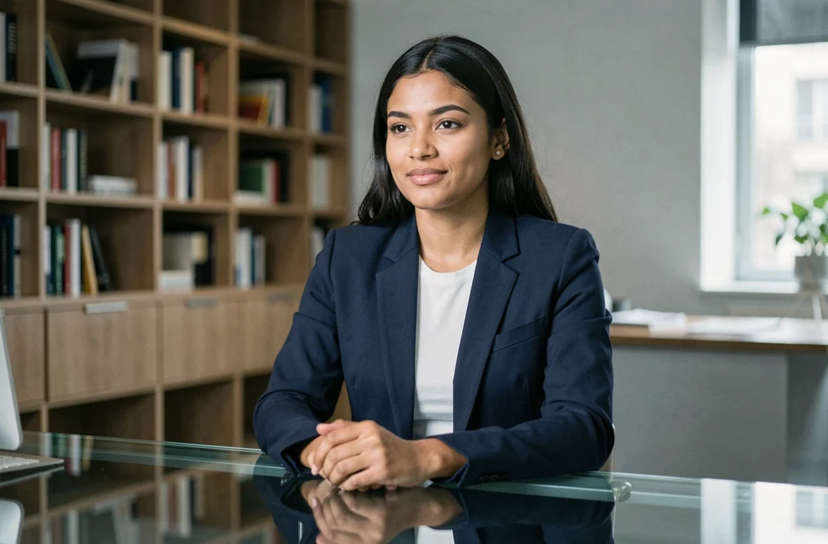 Femme assise dans un bureau moderne illustrant les standards de beauté définis par la science en 2026