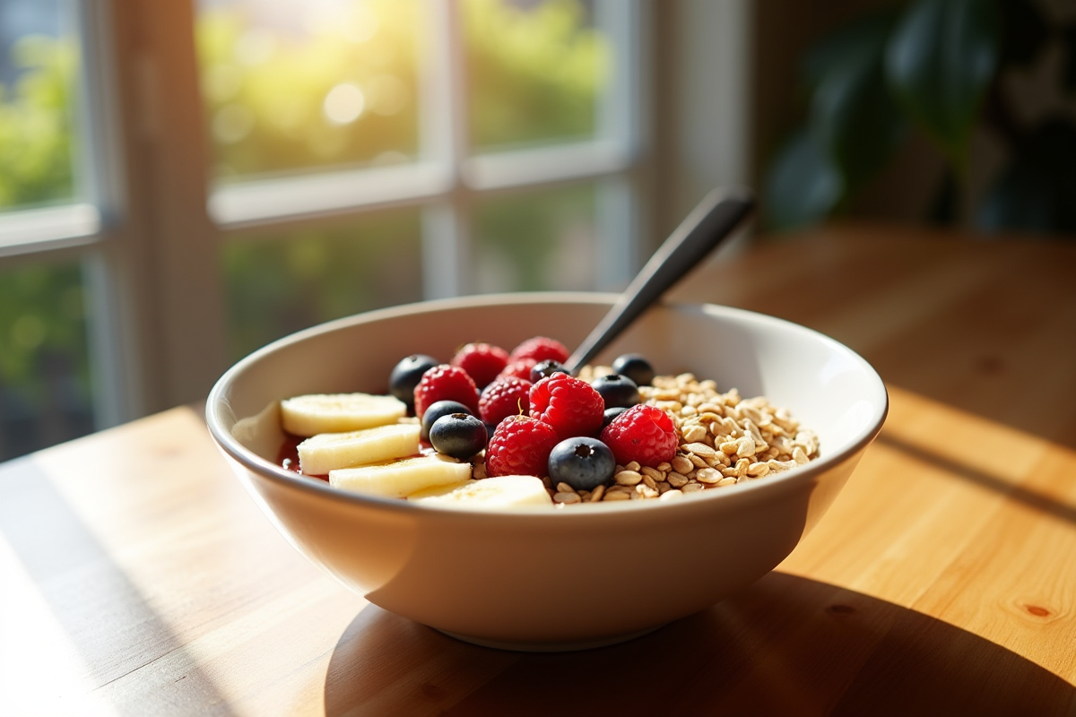 Bol de petit déjeuner sain avec flocons et fruits sur une table en bois