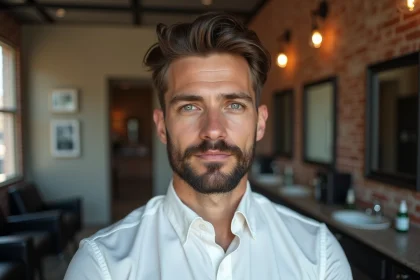 Homme aux cheveux courts avec un bouc taillé court et net dans un salon de coiffure urbain