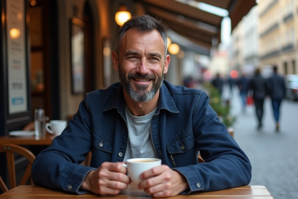 Homme avec un bouc long et soigné assis en terrasse de café dans une rue pavée