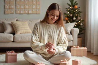 Jeune femme découvrant le calendrier de l'Avent YesStyle entourée de boîtes cadeaux numérotées dans un intérieur cosy