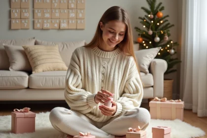 Jeune femme découvrant le calendrier de l'Avent YesStyle entourée de boîtes cadeaux numérotées dans un intérieur cosy