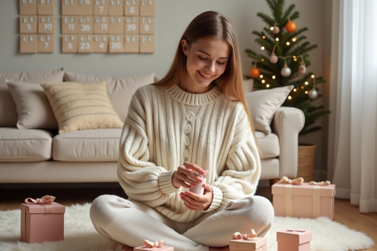 Jeune femme découvrant le calendrier de l'Avent YesStyle entourée de boîtes cadeaux numérotées dans un intérieur cosy