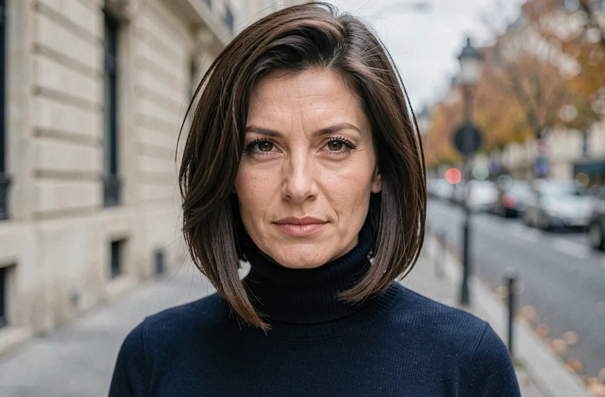 Femme avec un carré court volumisé sur cheveux fins photographiée dans une rue parisienne en automne