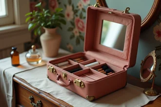 Case vanity vintage en cuir rose poudré avec fermoirs dorés posée sur une coiffeuse en bois rustique entourée de flacons de parfum et d'un miroir en laiton
