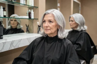 Femme aux cheveux blancs élégants en salon de coiffure, examinant sa couleur dans un miroir sans démarcation visible