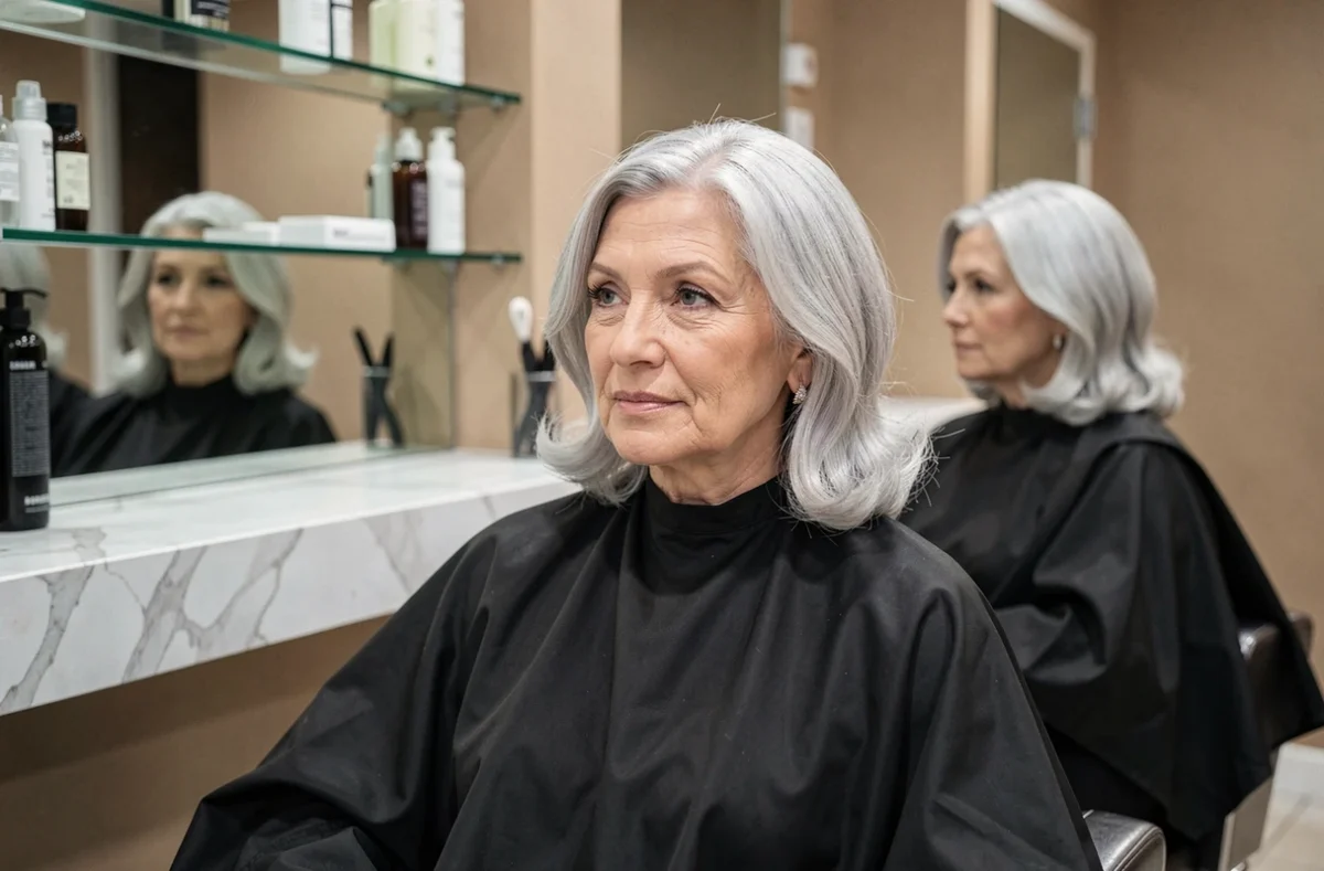 Femme aux cheveux blancs élégants en salon de coiffure, examinant sa couleur dans un miroir sans démarcation visible