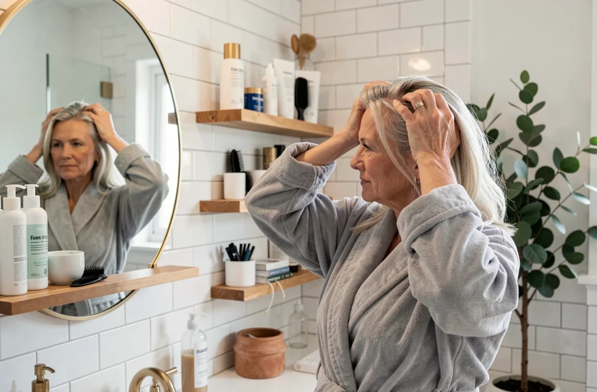 Femme aux cheveux blancs et gris appliquant un soin capillaire chez elle pour espacer les retouches de couleur