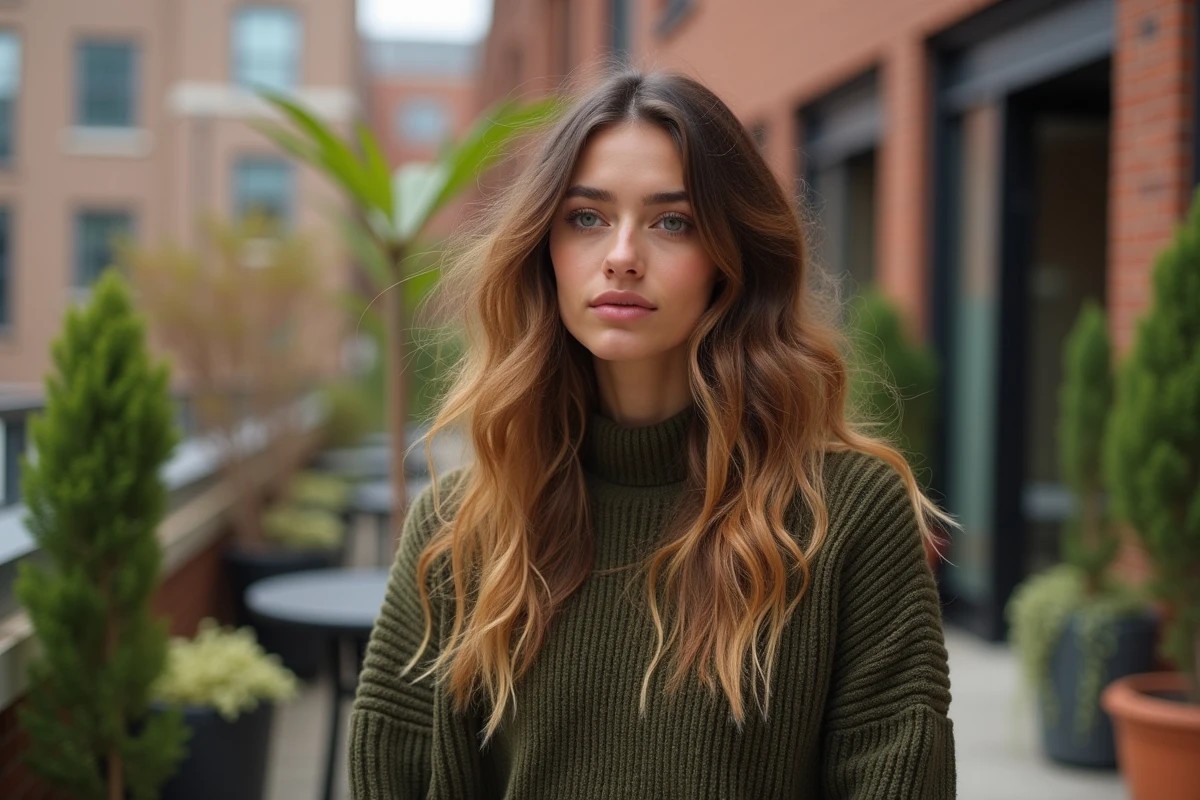Femme aux cheveux longs wavy en extérieur urbain, volume et mouvement naturel des vagues préservés