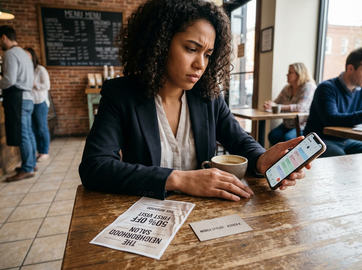 Jeune femme comparant les options coiffeur à domicile et salon de quartier attablée dans un café urbain