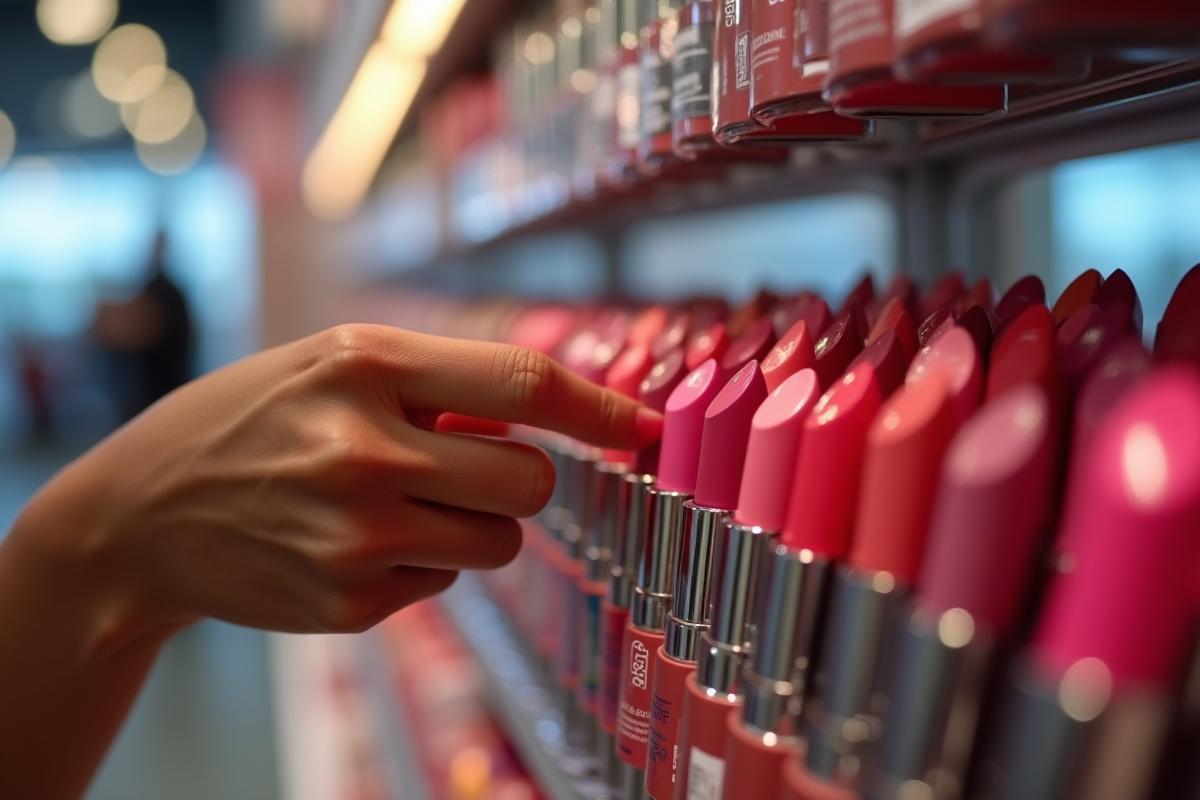 Main sélectionnant un rouge à lèvres dans un magasin moderne