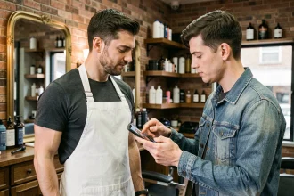 Barbier et client discutant d'une coupe taper devant un smartphone dans un salon de coiffure moderne