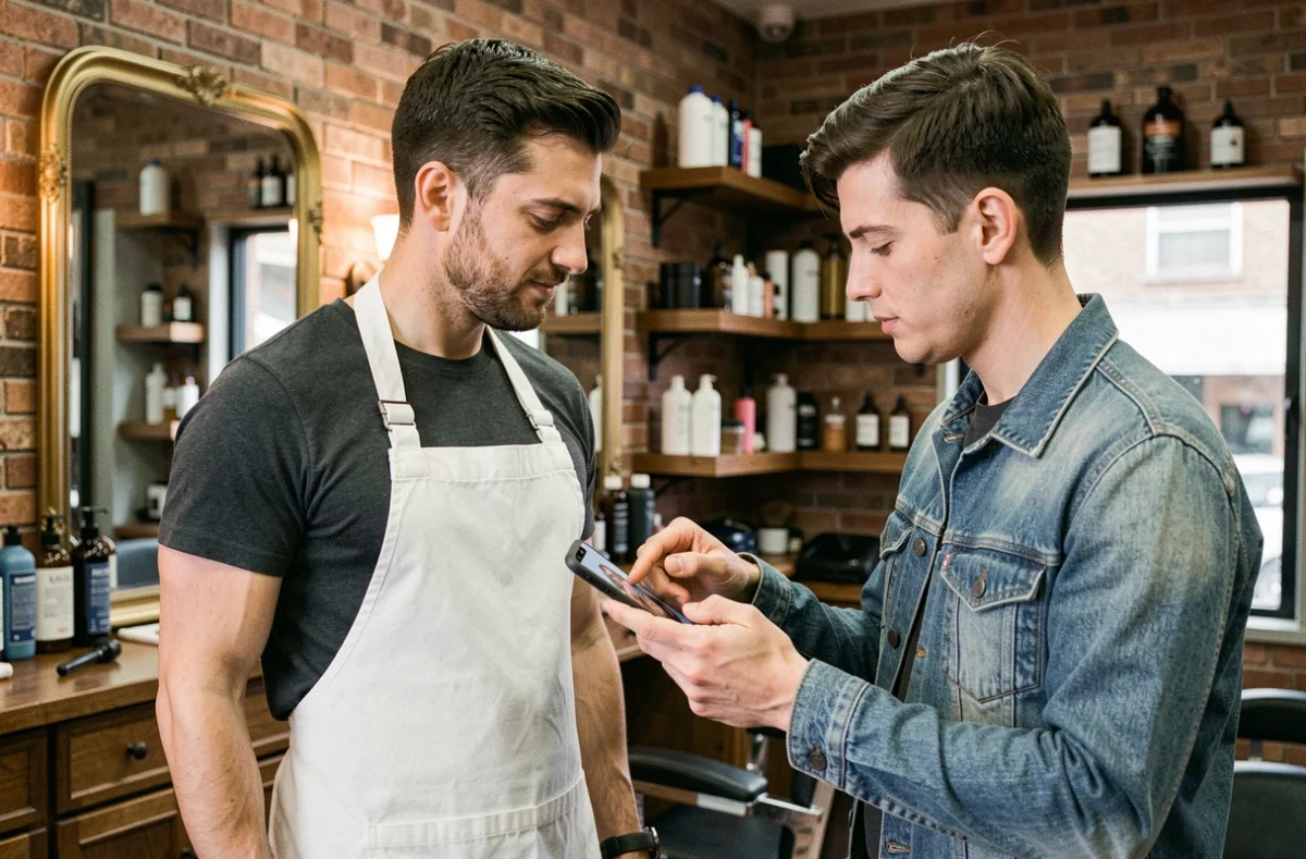 Barbier et client discutant d'une coupe taper devant un smartphone dans un salon de coiffure moderne