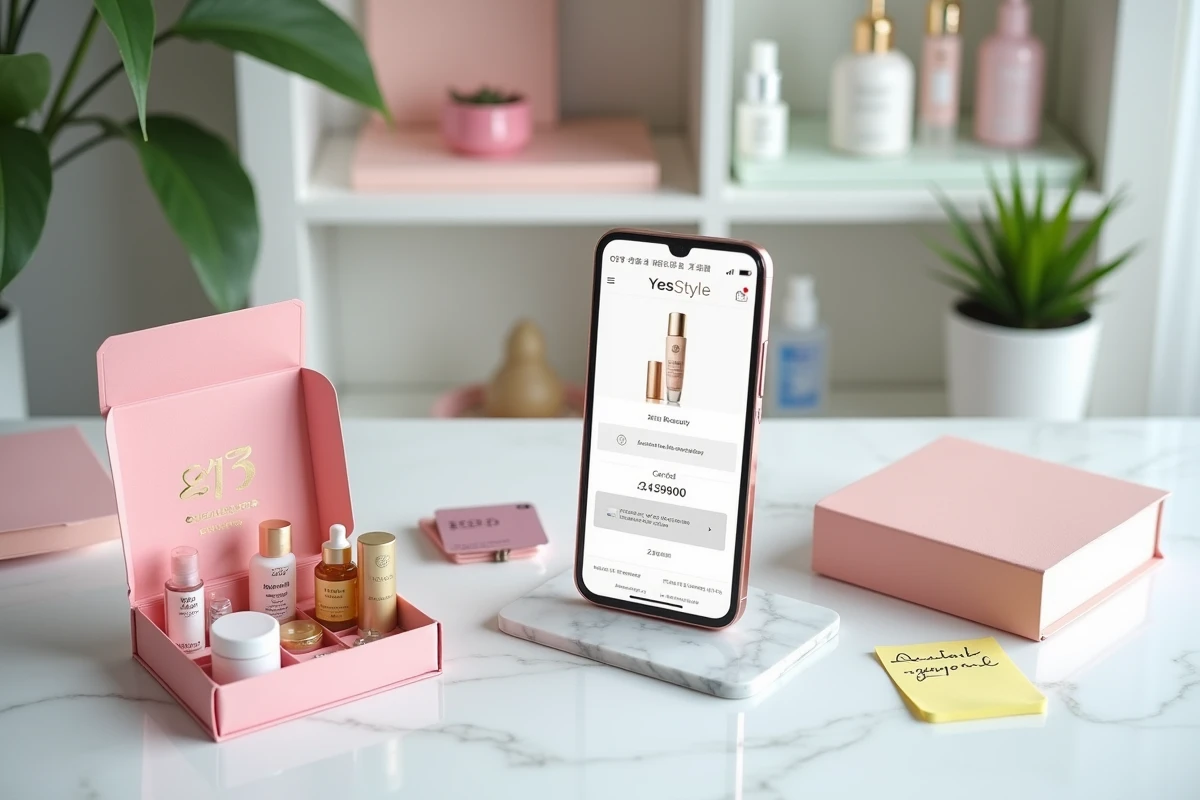 Smartphone affichant un code promo YesStyle à côté d'un calendrier de l'Avent beauté ouvert sur un bureau en marbre
