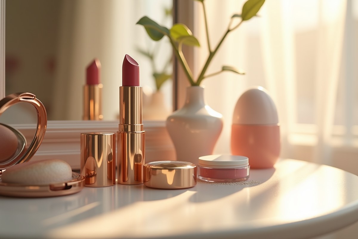 Coiffeuse ensoleillee avec maquillage et reflets lumineux