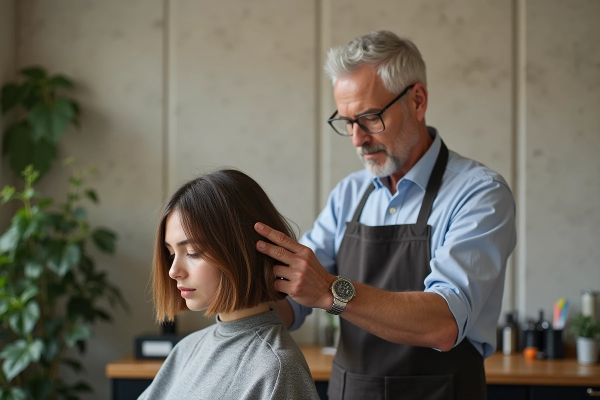 Coiffeur montrant un coupe bowl à une jeune femme