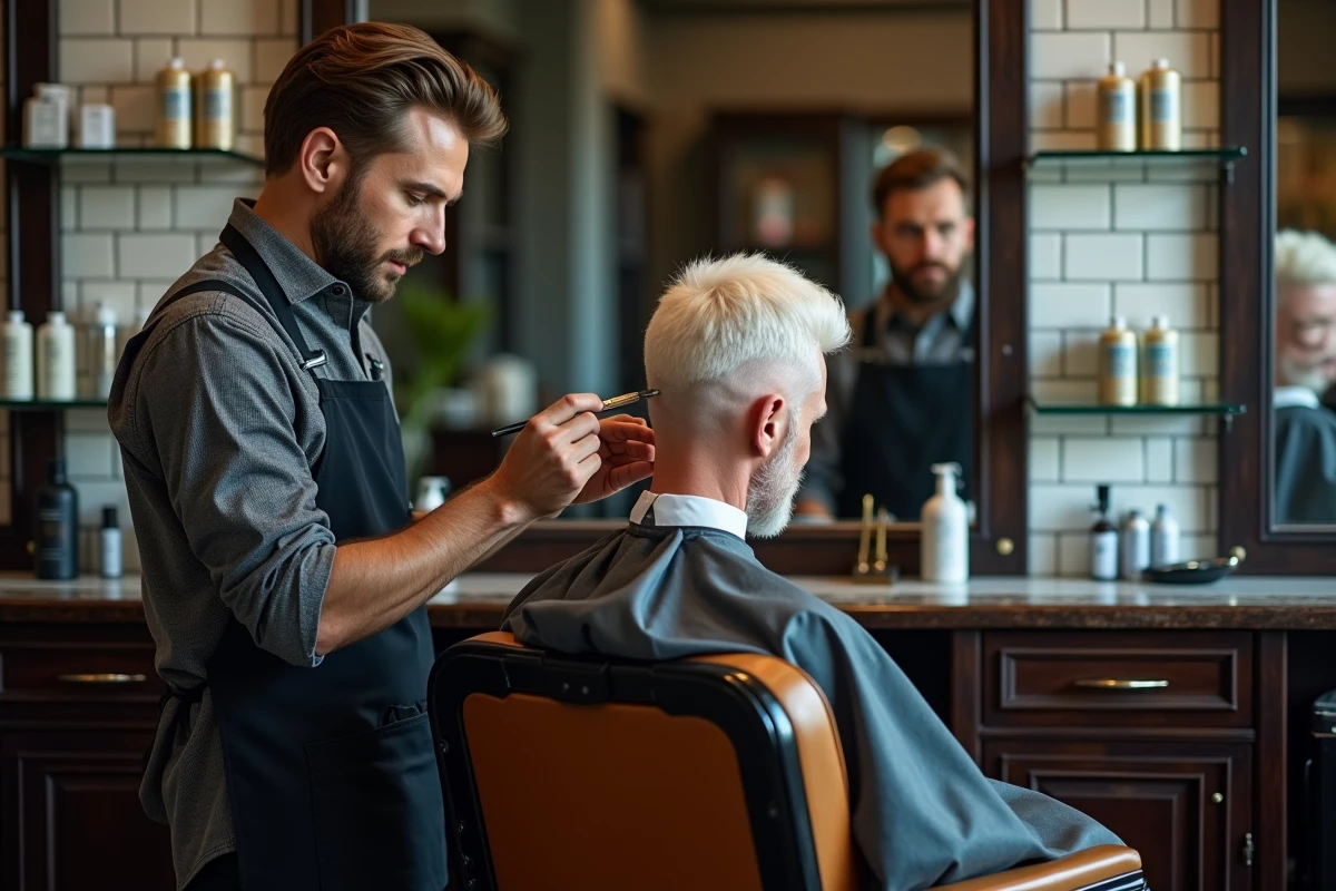 Coiffeur professionnel appliquant une teinture sur les cheveux blancs courts d'un homme en salon de coiffure