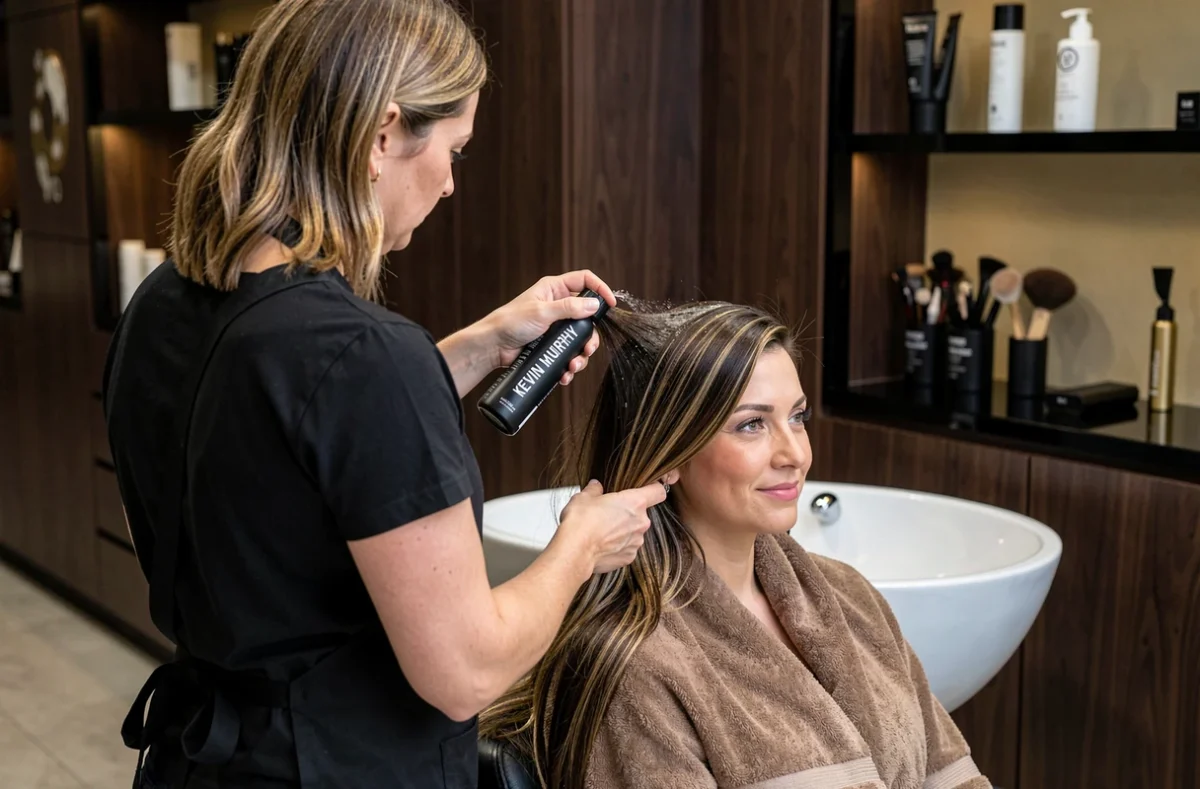 Coiffeuse professionnelle appliquant un shampoing Kevin Murphy sur les cheveux colorés d'une cliente dans un salon haut de gamme