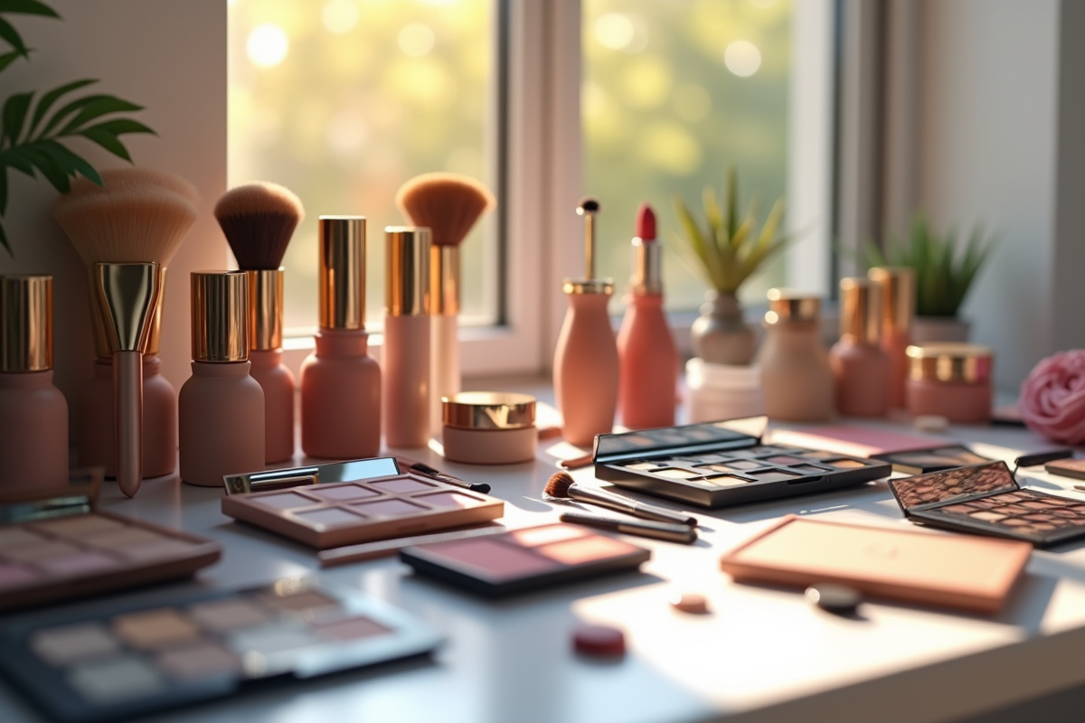 Table de maquillage moderne avec produits de luxe